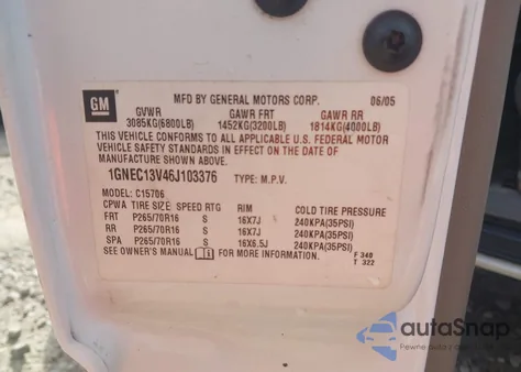 2006 Chevrolet Tahoe Ls из США, поврежденный, VIN 1GNEC13V46J103376